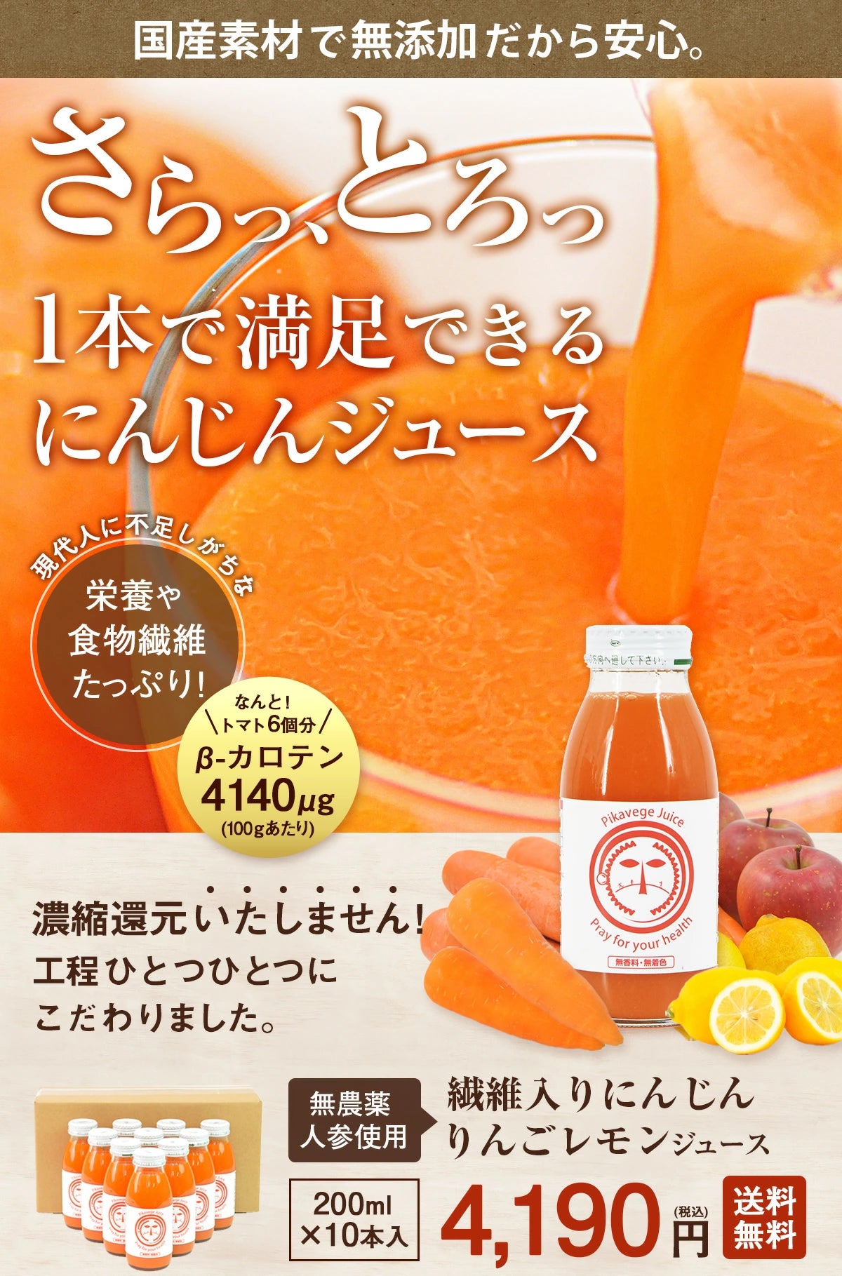 繊維入り にんじんりんごレモンジュース　1箱 （200ml×10本）