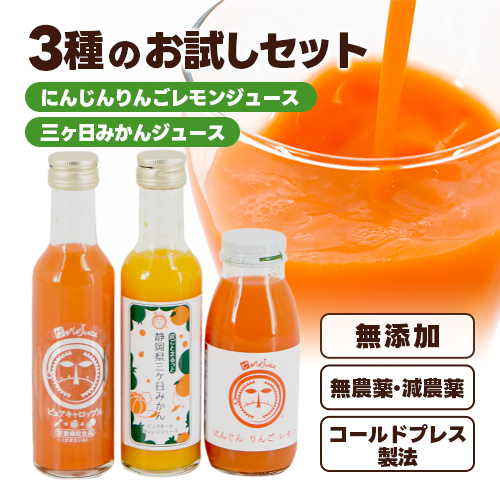 3種のおためしセット３本入り(人参りんごレモンジュース/繊維入りにんじんりんごレモンジュース/三ケ日ミカンジュース)